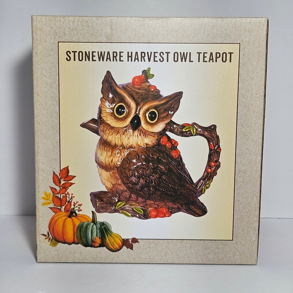 Cracker Barrel Stoneware Harvest Owl Teapot Brown Fall Autumn Decor